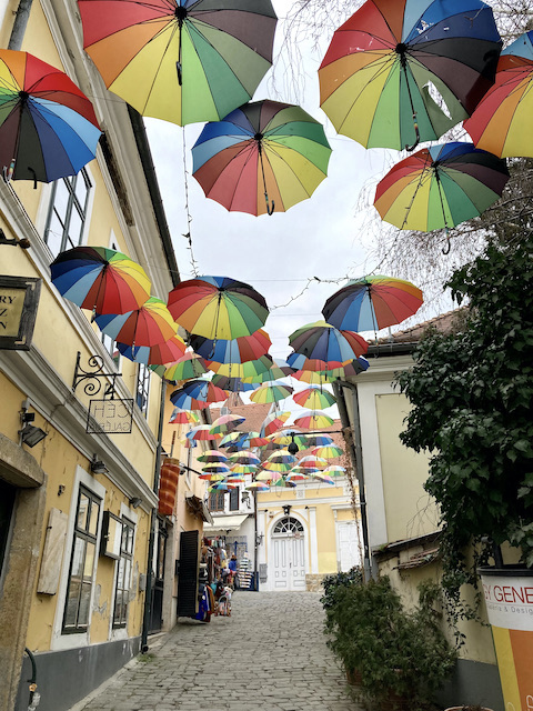 狭い路地の上に、たくさんの虹色の傘が吊り下がっている