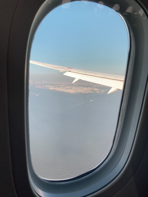 飛行機の窓から見える、機体の翼と、海と陸地