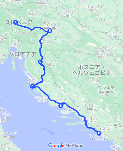 Google Maps上で旅の経路を示した地図
