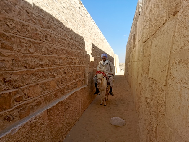 背の高い石造りの壁に挟まれた狭い路地で、ロバに乗ってポーズを取っているターバンを巻いたおじさん