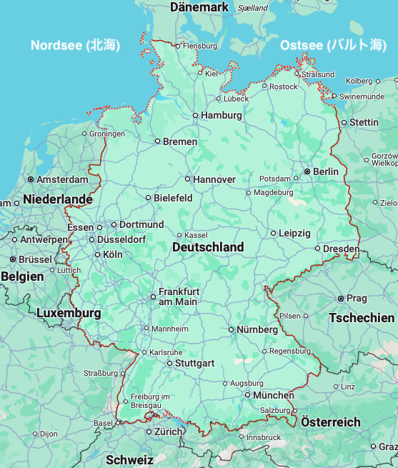 ドイツと北海、バルト海の場所を示したGoogle Maps