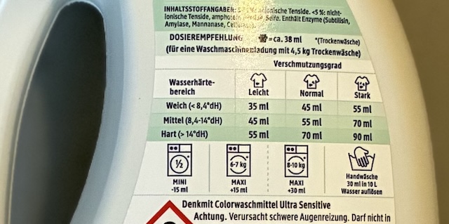液体洗剤の裏面にある使用量の表示